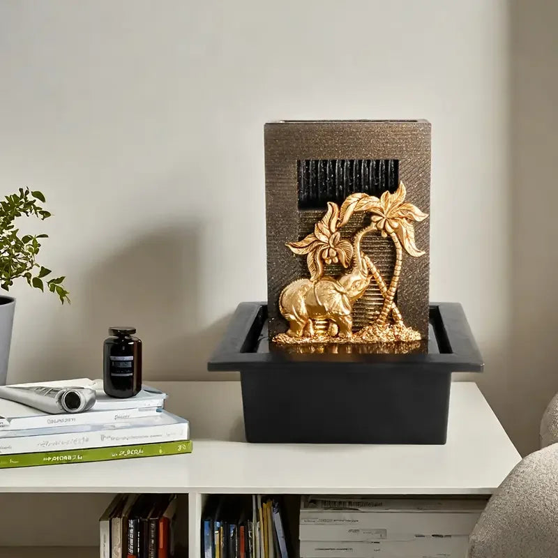 Indoor Elephant Desktop Fountain and Waterfall, Golden Elephant Waterfall Decoration, Perfect for Home Display on TV Stands