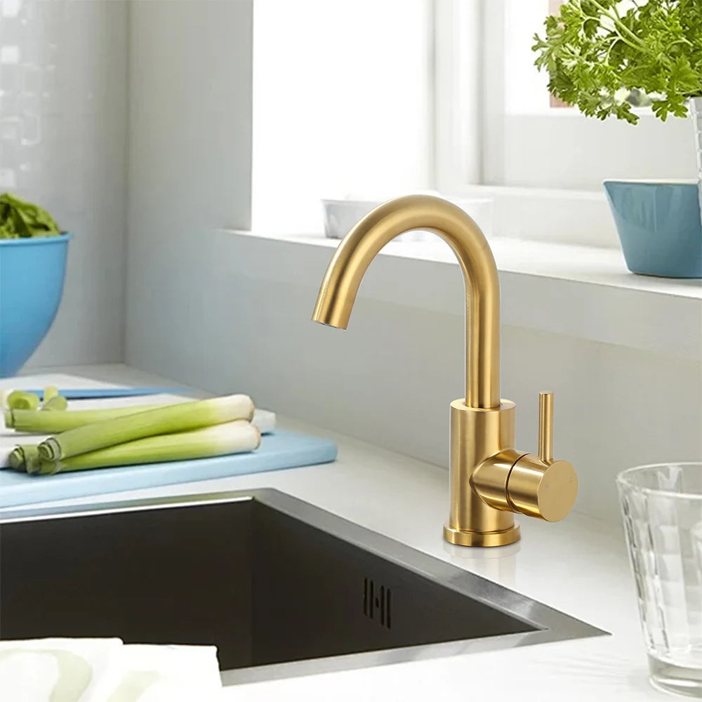 Modern Bar Sink Faucet Single-Handle Gold Mini Kitchen Faucet, 1 Hole Wet Bar Sink Faucets with Deck Plate for bar RV Laundry