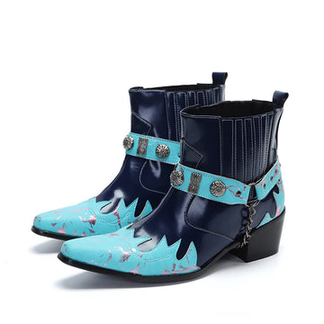 NA444 Personality Men's Genuine Leather Ankle Boots for Party and Wedding Botas Hombre High Heels Blue Navy Boots for Men