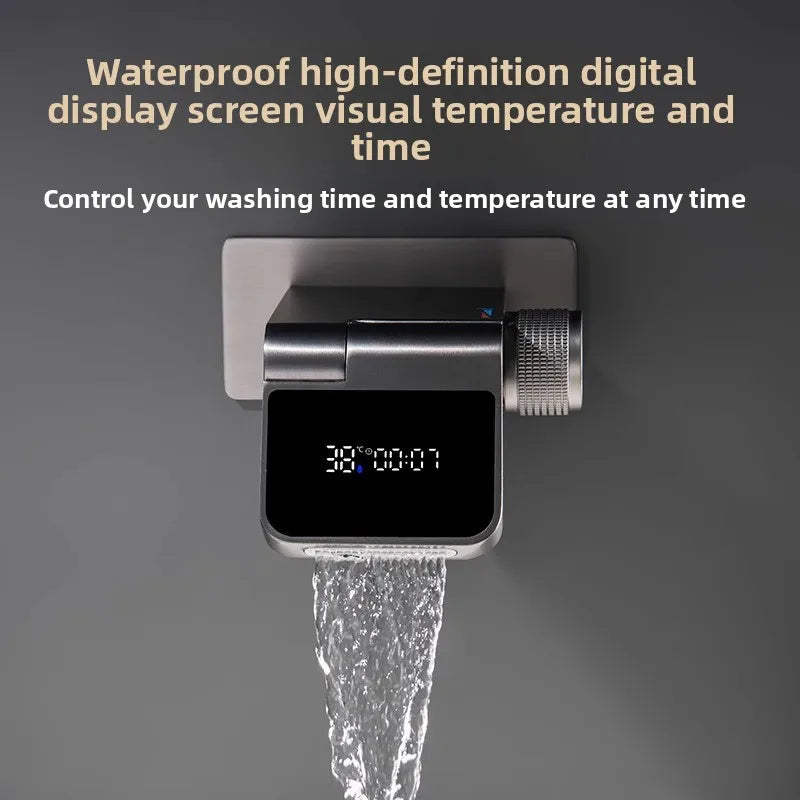 Intelligent Digital Display Concealed Bathroom Faucet Brass Wall-Mounted Folding Waterfall Hot Cold Basin Faucet Thermostatic