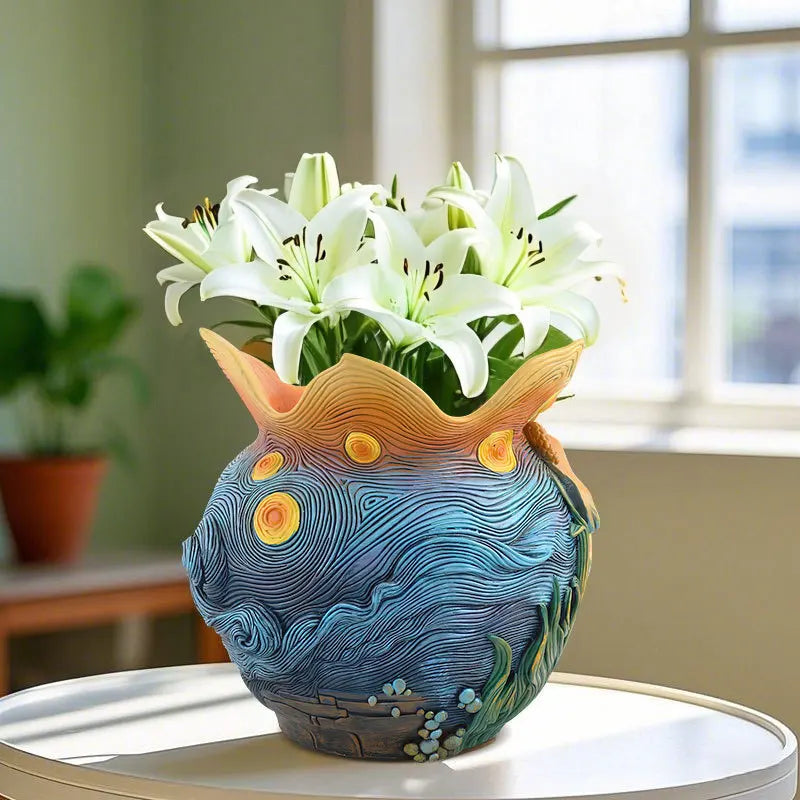Van Gogh Art-Inspired Starry Night Decorative Vase Modern Floral Design for Home Tabletop and Living Room Ornament