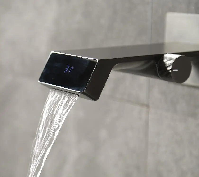 New Trend Wall Mounted Gun Gray Waterfall Lavatory Sink Smart Faucet Mixer Tap with Digital Temperature Display