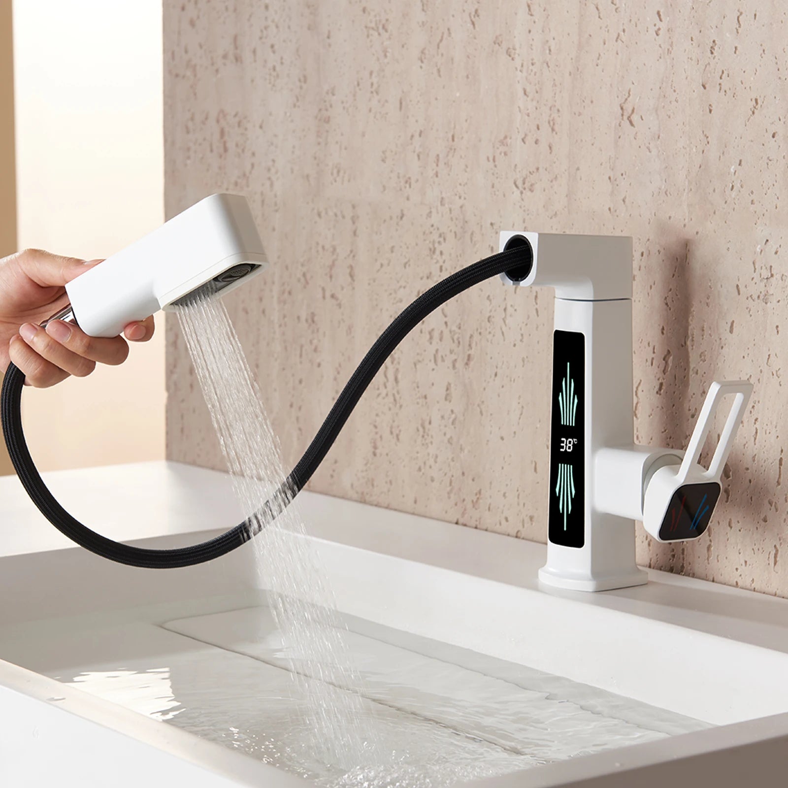 Basin Faucet Gray/White Brass Faucet  Pulling and Lifting Basin Faucet with Digital Display and Warm Atmosphere Light