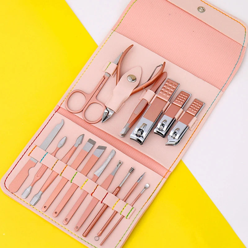 Professional Personal Care Manicure Pedicure Set 16 Pcs Stainless Steel Nail Clipper Care Tools Kit Nail Art Foot Care PU
