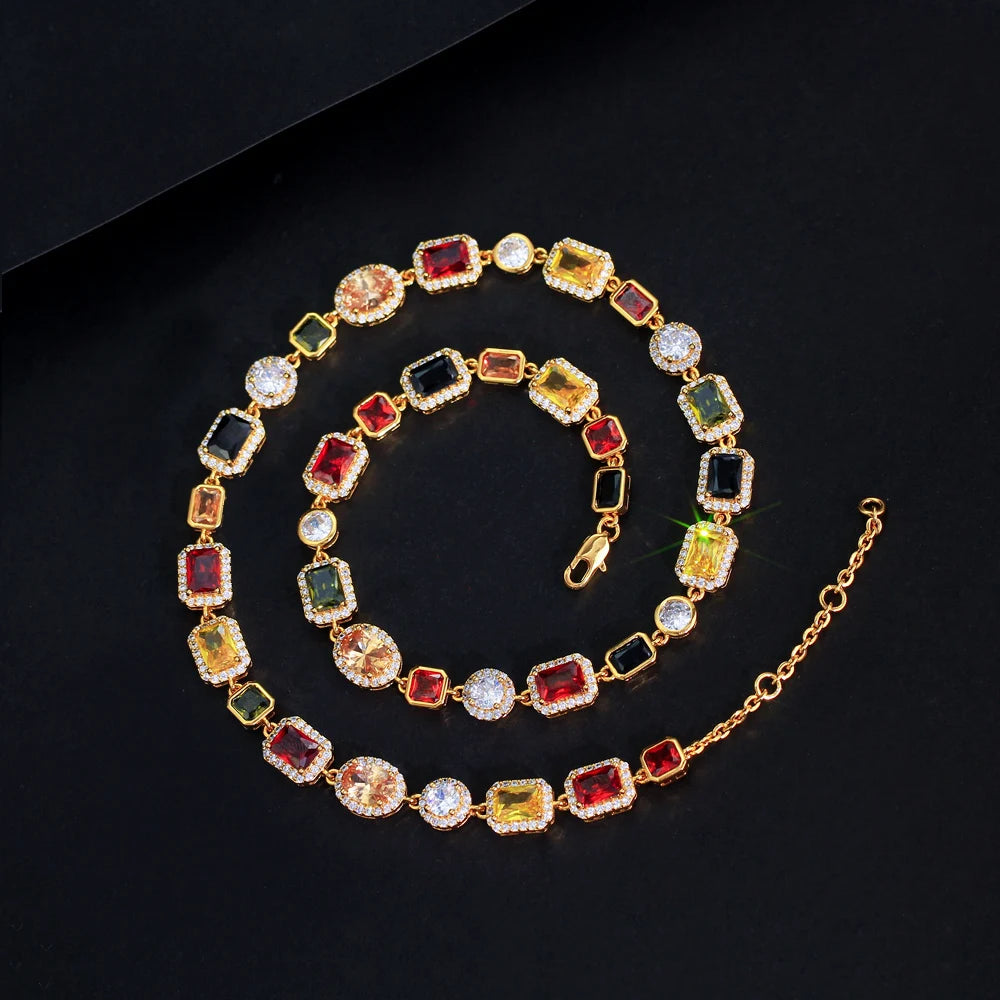 Sparkly Multi Color Zircon Choker Chain Real 18K Gold Plated Brass Jewelry 10MM Colorful CZ Zirconia Necklace for Women Men