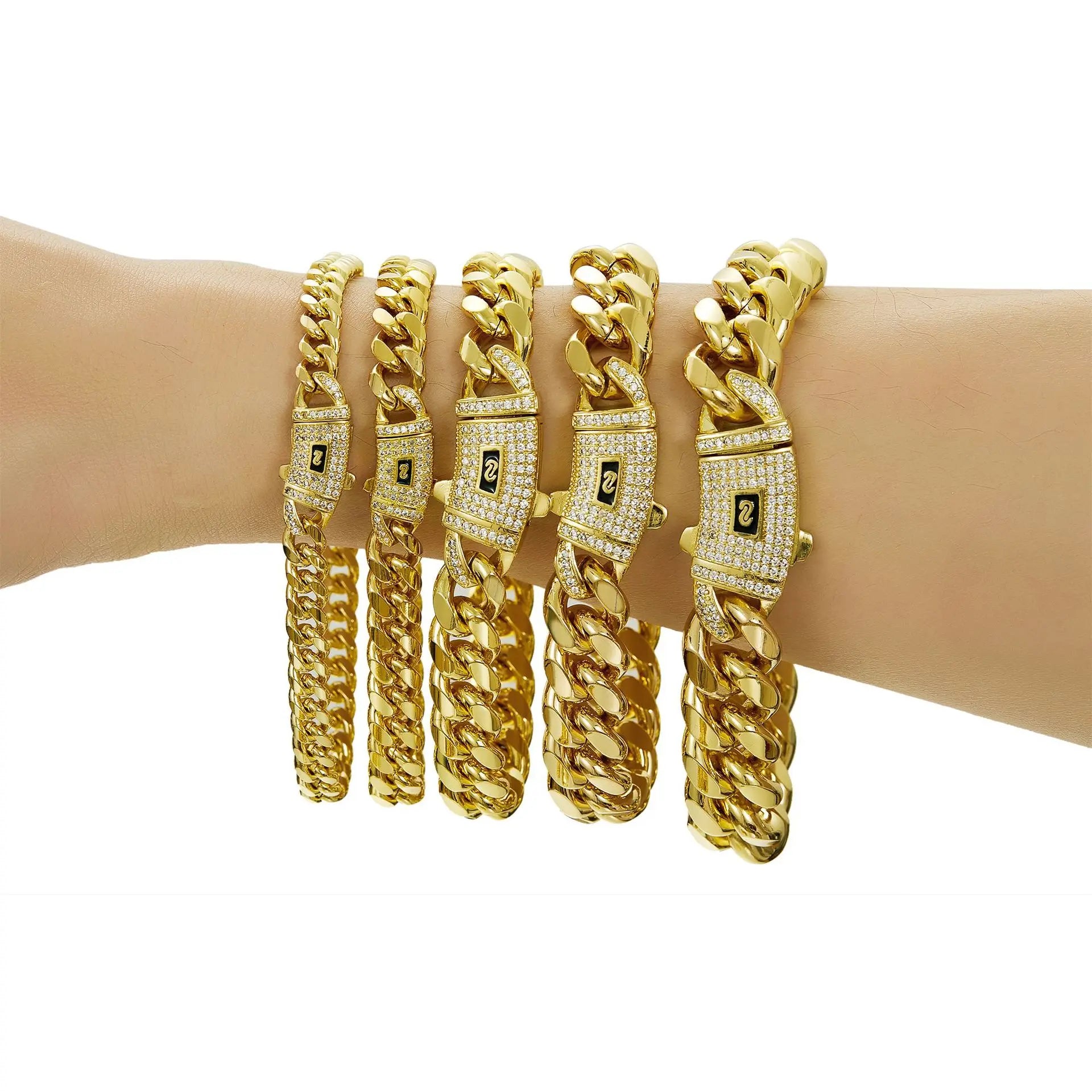 Wholesale 14K 18K Gold PVD Stainless Steel Cuban Link Necklace Men 6mm-10mm Miami Curb Spring Clasp Zircon Pearl Main Stone Gold