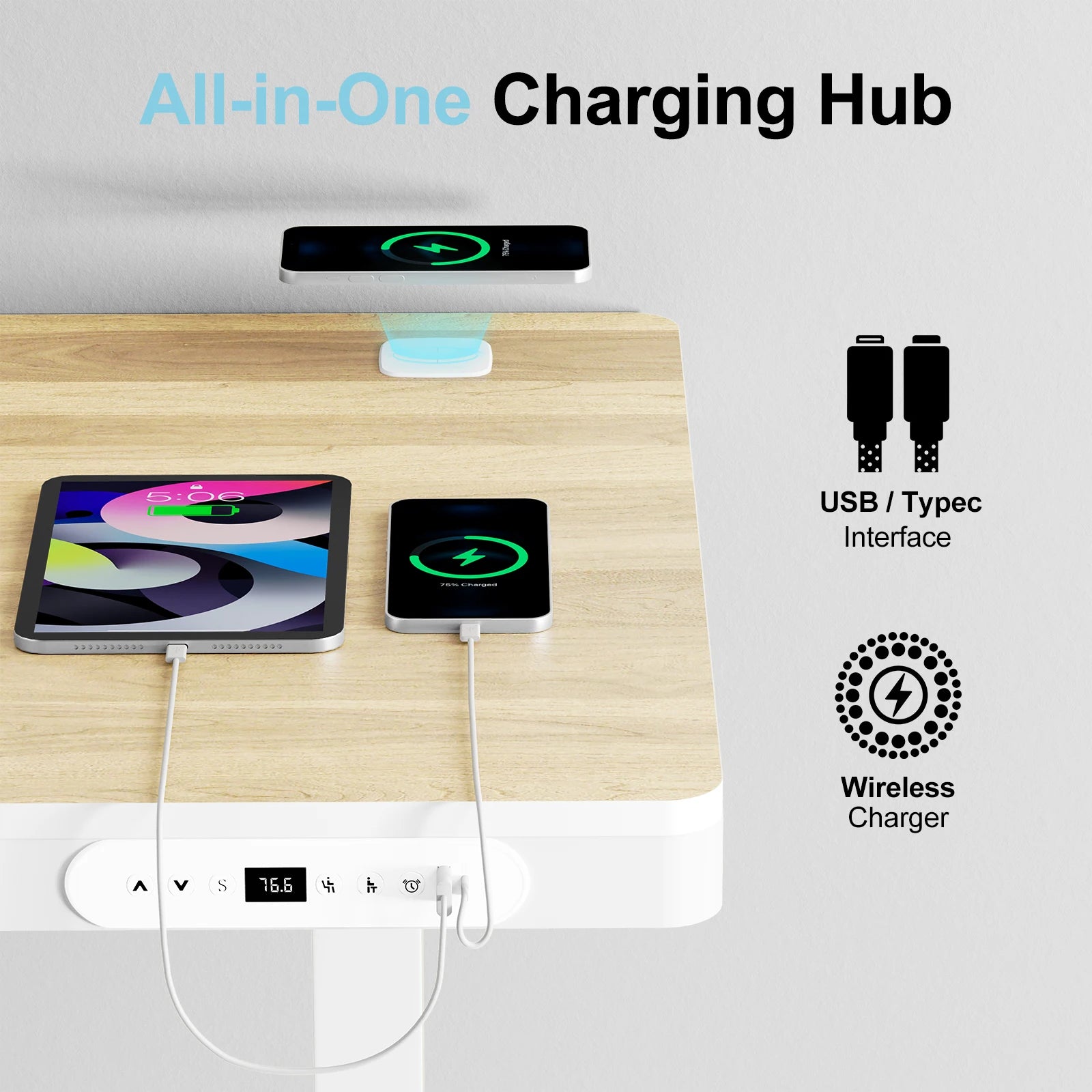 48 Inch Height Adjustable Desk, Standing Desk &Office Desk with Drawer,Wireless Charging & Cable Management Tray