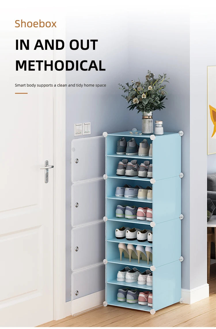 Plastic Metal Shoe Storage Cabinet Folding Portable Shoe Rack Door Living Room Furniture Cheap Simple Modern with Transparent