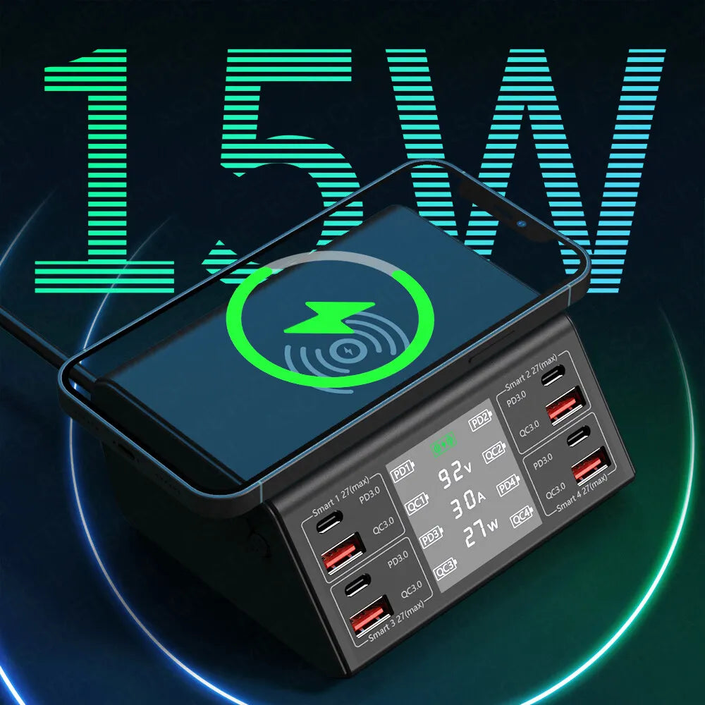 EONLINE 3D Nine Tailed fox 100W QCPD3.0 USB Charger Wireless Chargers Quick Charge 8 Port Fast Charger Charging Station for IPho