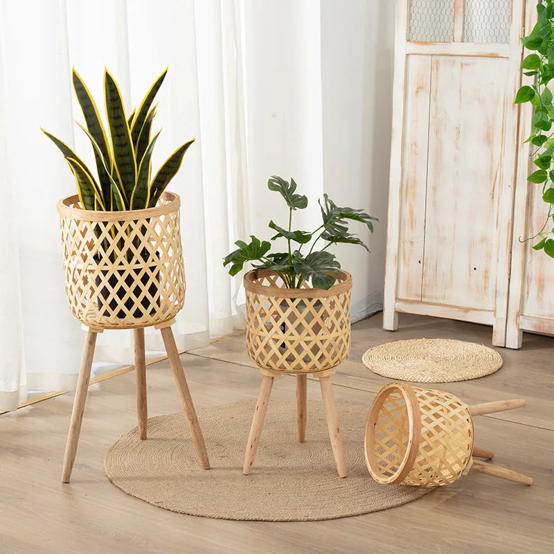 RTS Bamboo Woven Flower Pot Wood Plant Stand Wicker Rattan Plant Basket for Home Decor Balcony Living Room Functional Floor Vase