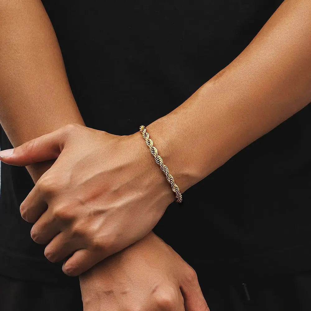 MEN Hip Hop Rope Link Chain PVD 18K Real Gold Plated Stainless Steel Jewelry Gifts Women 6MM Thick Woven Twisted Rope Bracelet