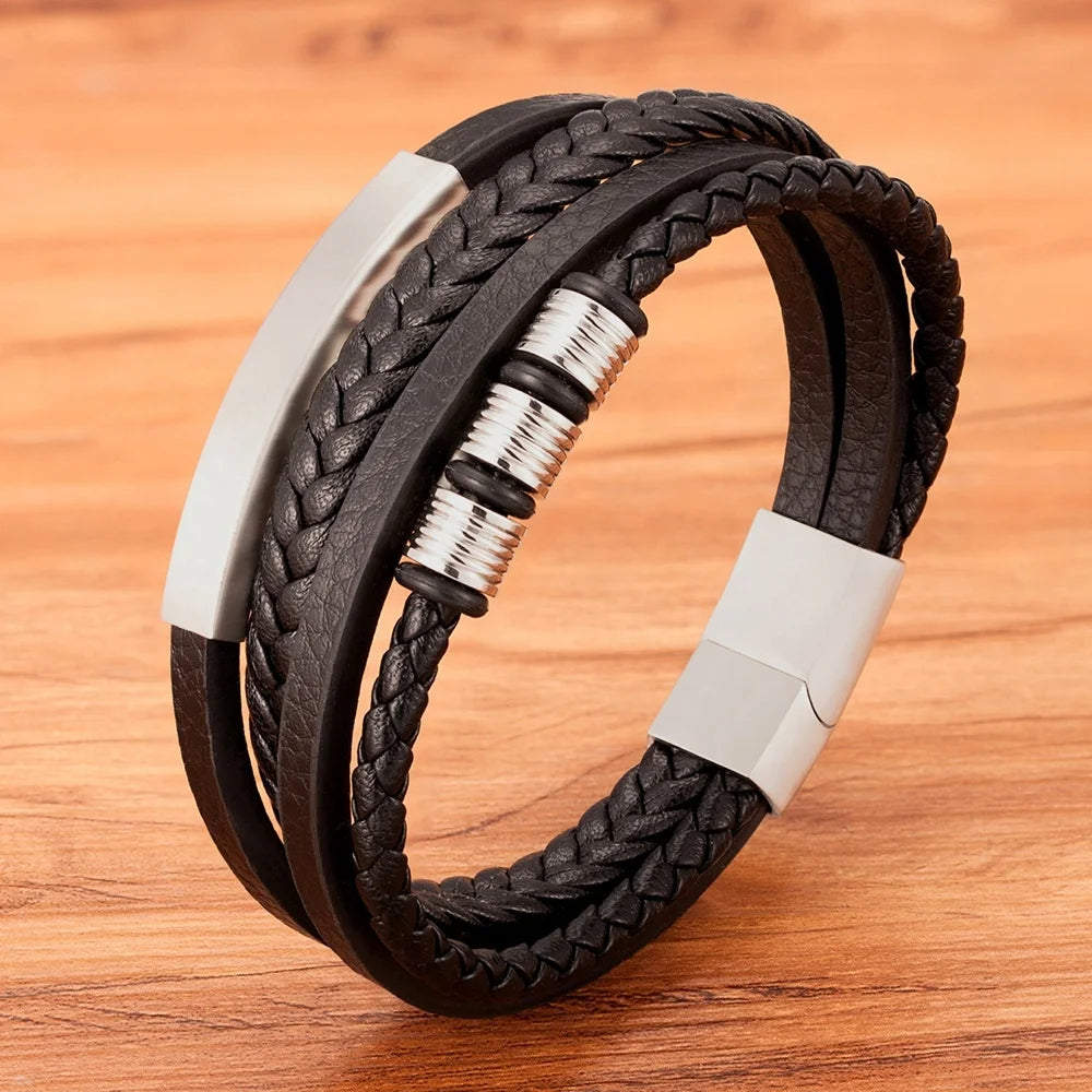 New Stainless Steel Black Multilayer Genuine Leather Bracelet for Men Magnetic Clasp Button Vintage Male Braid Bangle Jewelry