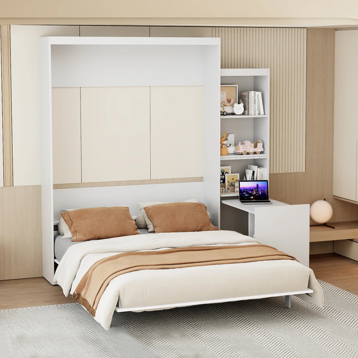 US in Stock Queen Size Modern Design Wood Frame Foldable Shelf Drawers Bedroom Guestroom White Wall Bed Space Saving Hidden Bed
