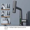Synchro Modern Bathroom Sink Faucet with LED Temperature Display, 360° Rotation, Waterfall Spout & Pull-Out Sprayer (Hot/Cold)