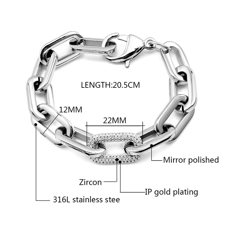 Stainless Steel Crystal Link Chain Bracelets for Women Men Exaggerated Gold Color Thick Big Bracelets Bangle Geometric Links