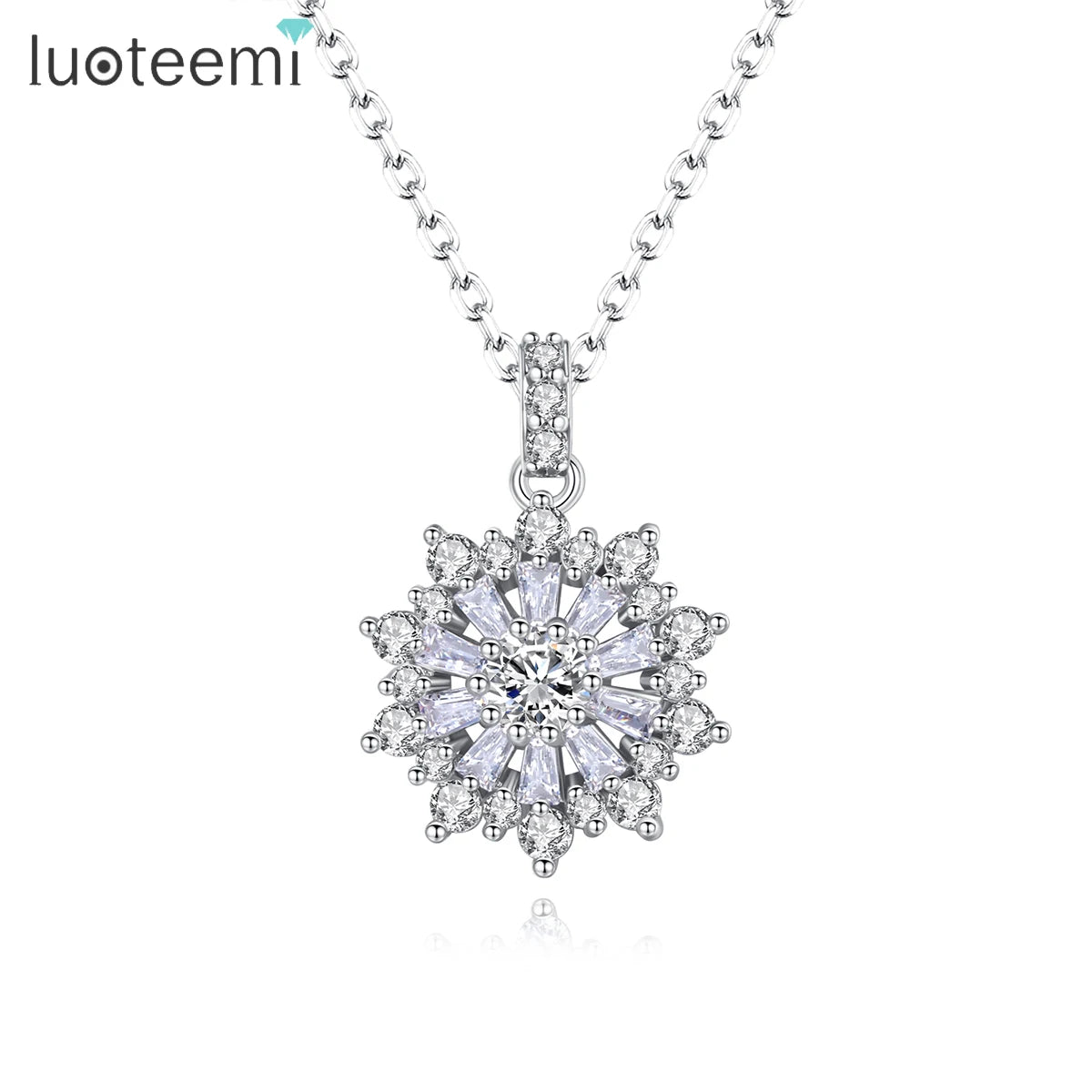 LUOTEEMI Women Pendant Necklace Jewelry Rhodium Plating With 3A Cubic Zircon Crystal Flower Necklace
