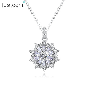 LUOTEEMI Women Pendant Necklace Jewelry Rhodium Plating With 3A Cubic Zircon Crystal Flower Necklace