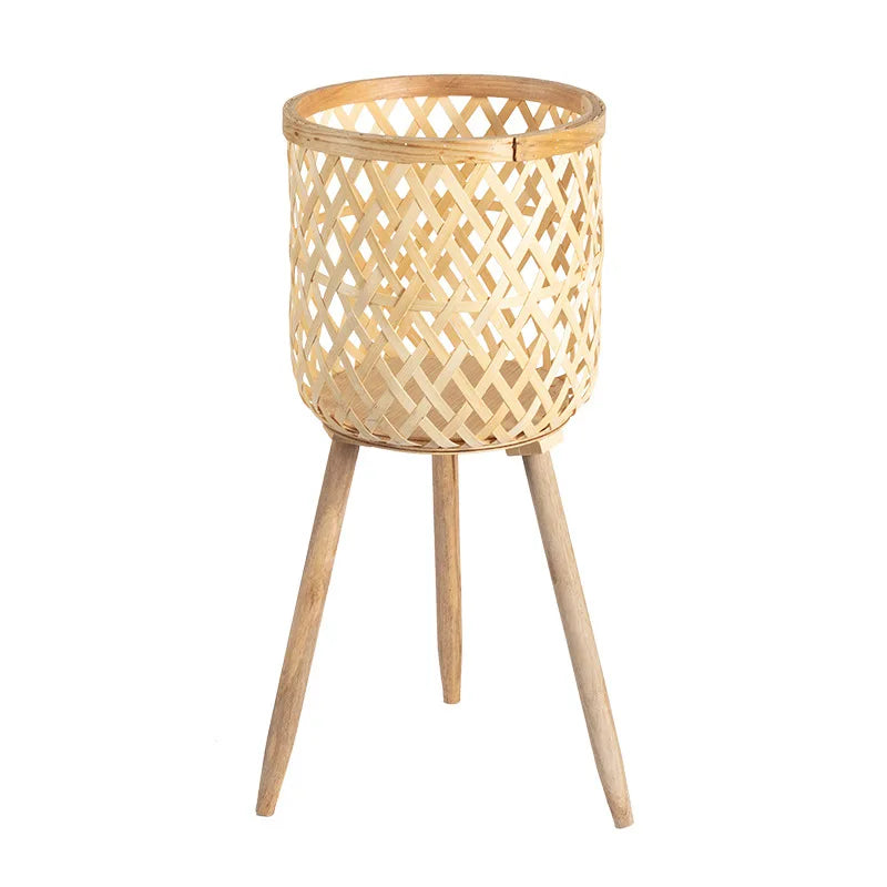 RTS Bamboo Woven Flower Pot Wood Plant Stand Wicker Rattan Plant Basket for Home Decor Balcony Living Room Functional Floor Vase