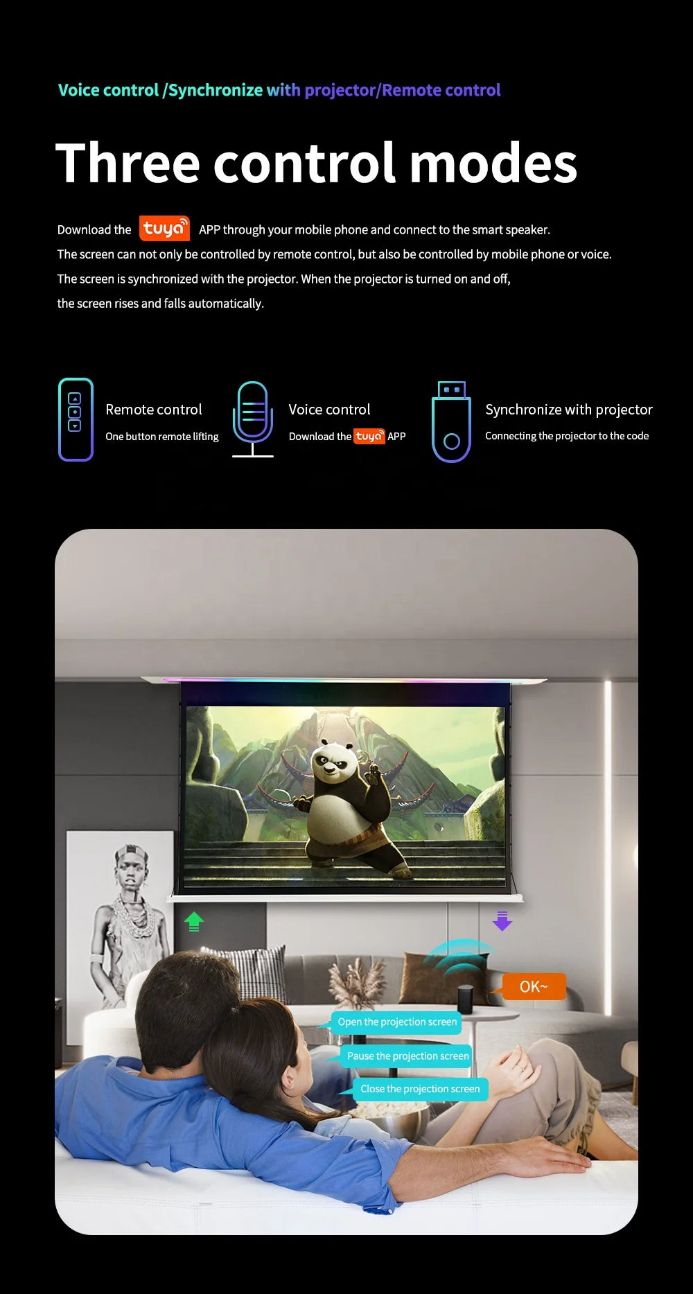135" Multipurpose In-ceiling Projection Screen Sound-control Motorized Tab Tension Projector Screen With Smart Lights