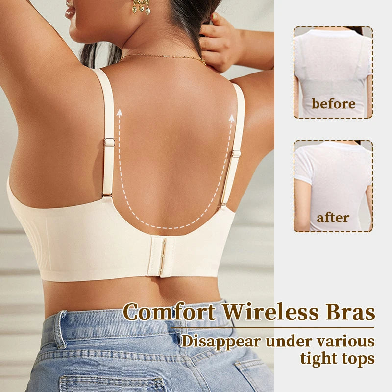 Women Plus Size Wireless Bra Thin Padding Soft Support Lifting Seamless V Neck Backless Minimizer