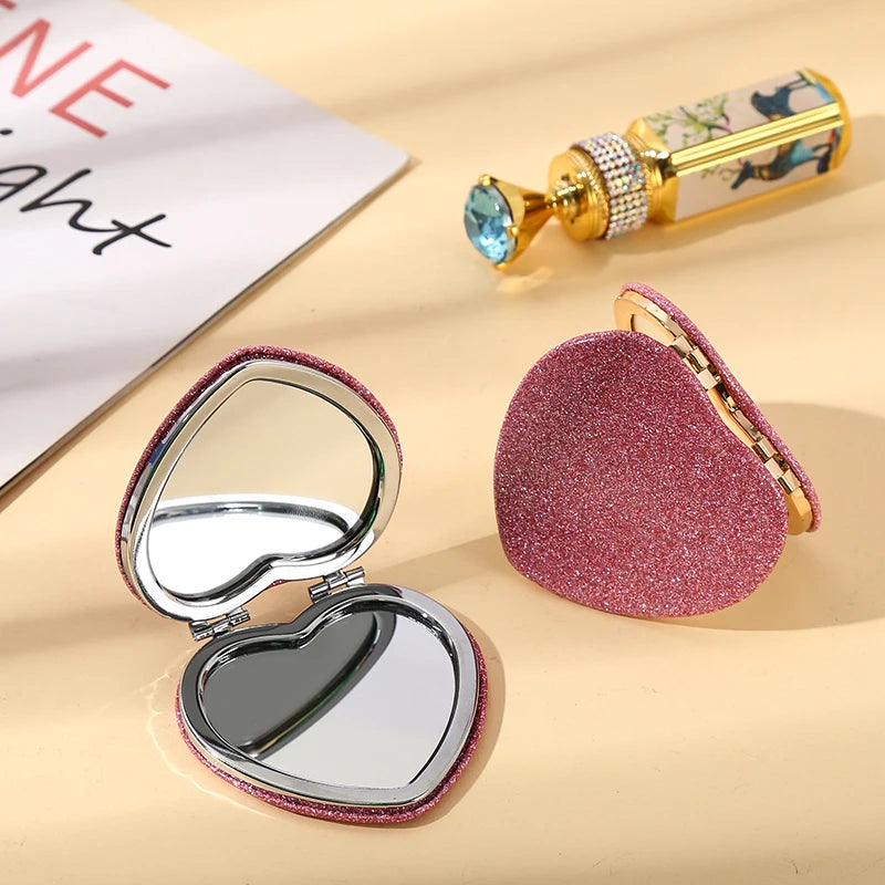 Factory Price New Design Portable Double Sided Heart Shaped Leather Folding Compact Pocket Mirror