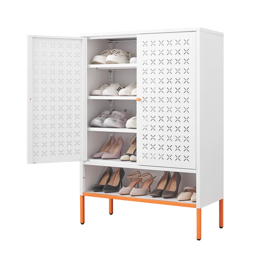 Modern Minimalist Double Door Shoe Cabinet with Adjustable Mesh Doors and High Foot Hollow Storage Cabinet Bottom