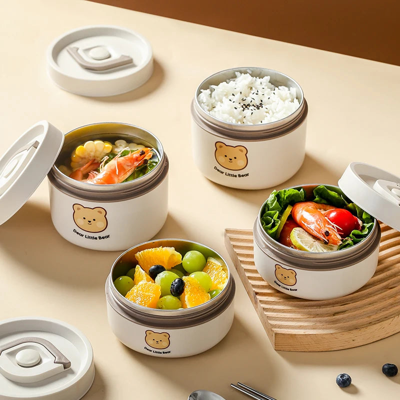 Cute Kid-Sized School Lunch Box Portable 304 Stainless Steel Vacuum Soup Container with Insulated Bag for Hot Food Storage