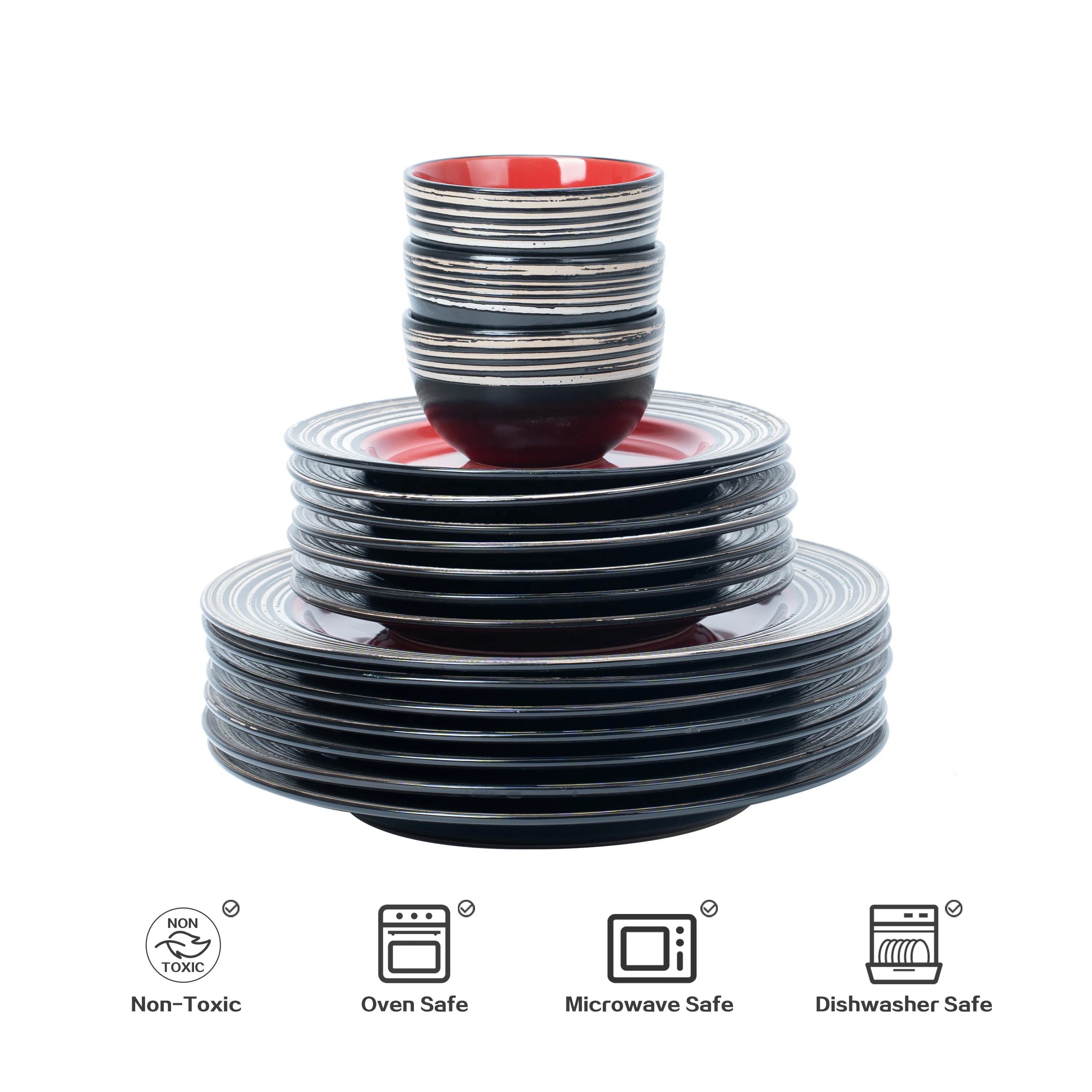 Semtember Promotion Red Round Dinner Plates Unique Design Kitchen Plates Set Microwave Safe Premium Stoneware Ceramic Dinner Set
