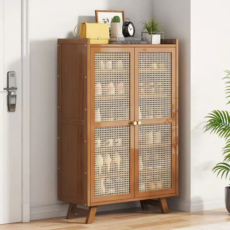 Modern Stainless Steel Shoe Cabinet with Breathable Panel Extendable Bamboo Doors Furniture for Home Hotel for Entry Living Room