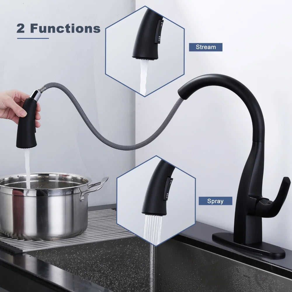 Matte Black Kitchen Water Faucets with Pull Down Sprayer Laundry Sink Faucet Single Handle Gooseneck Pull Out Kitchen Faucets
