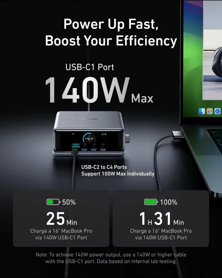 Anker Prime Charger 250W GaN Ultra-Fast 6-Port USB C Charging Station with 2.26\" LCD Display and Smart Control Dial A2345