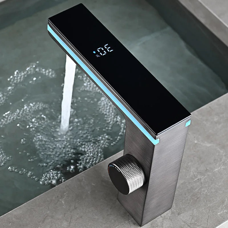 Hot Selling Brass LED  Ambient Light  Bathroom Washbasin Tap Intelligent Digital Display Hot and Cold Water Vanity Basin Faucet