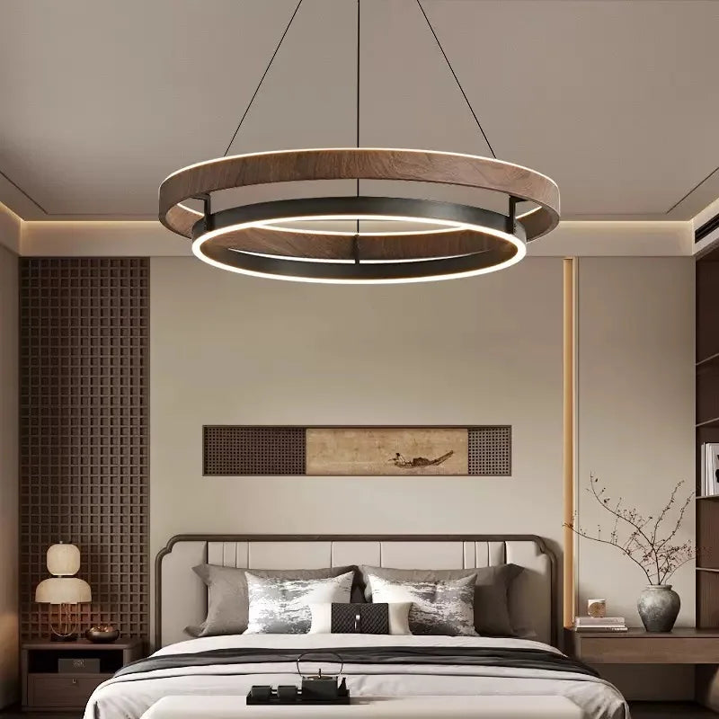 New Designer Minimalist Wood Grain Color Wabi-Sabi Style Circular Pendant Lamp for Living Room Chandeliers Pendant Lights