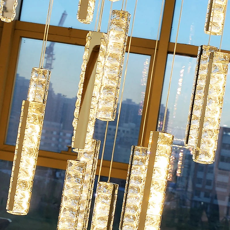 Modern Luxury Large High Ceiling Spiral Stairs Lamp Led Pendant Light Long Staircase Crystal Chandelier