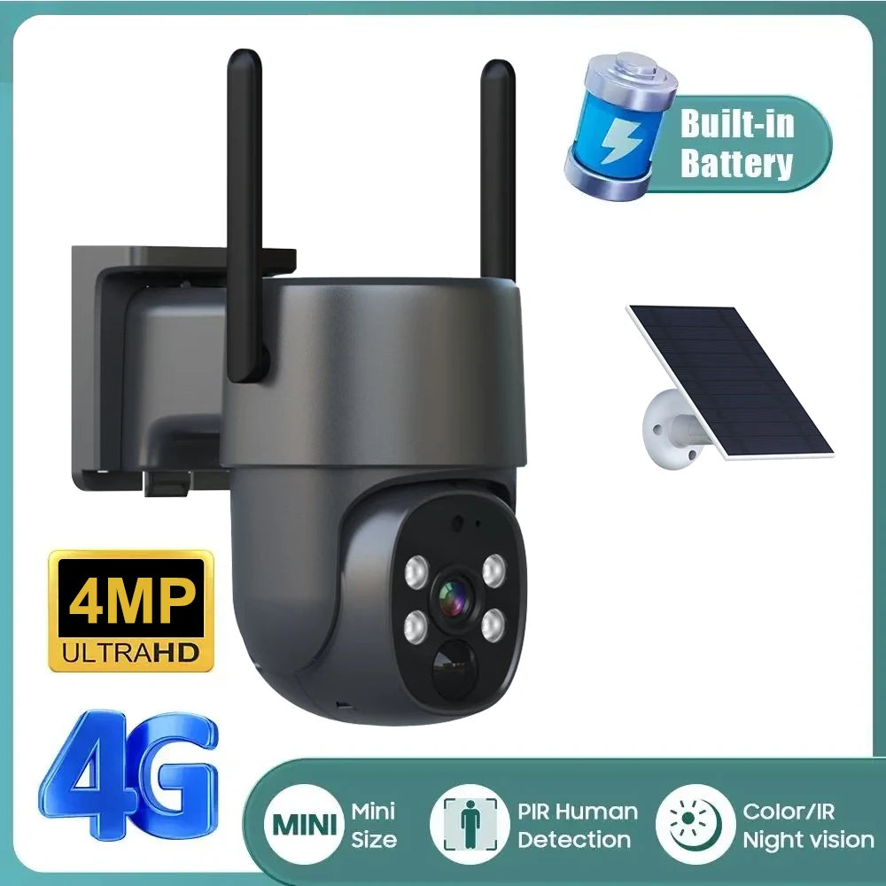 4MP 4G Solar Ptz Camera Cctv Security Night Vision 4G Outdoor Camera With 3W Solar Panel and 3Pcs Built-in Lithium Battery
