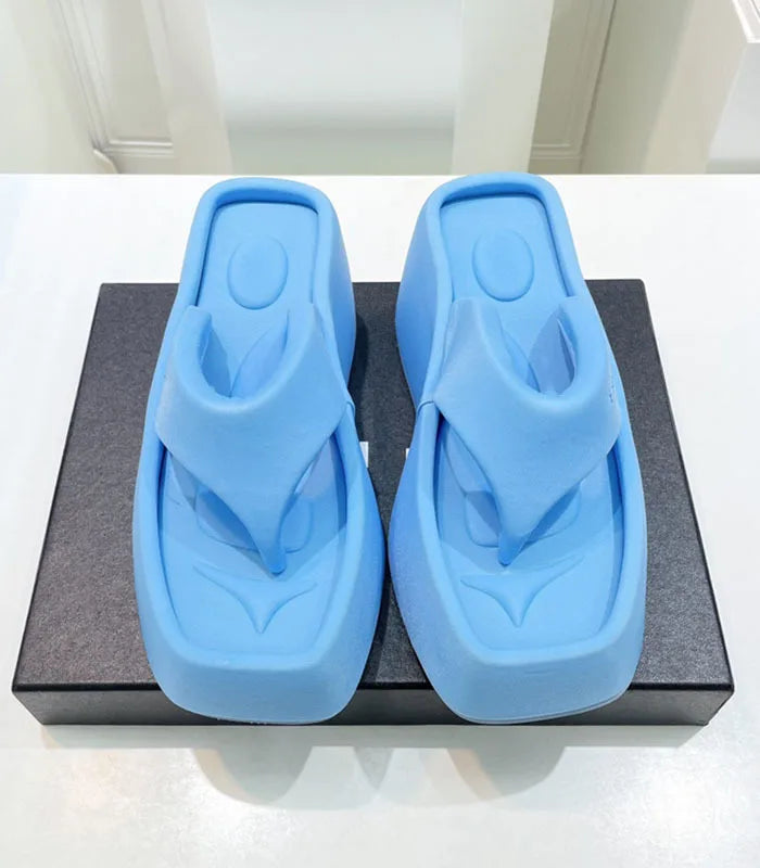 Women Spring Summer Sandals Beach Thick Sole Platform Slippers Slip-on Personalized Square Head High Wedge Flip Flops