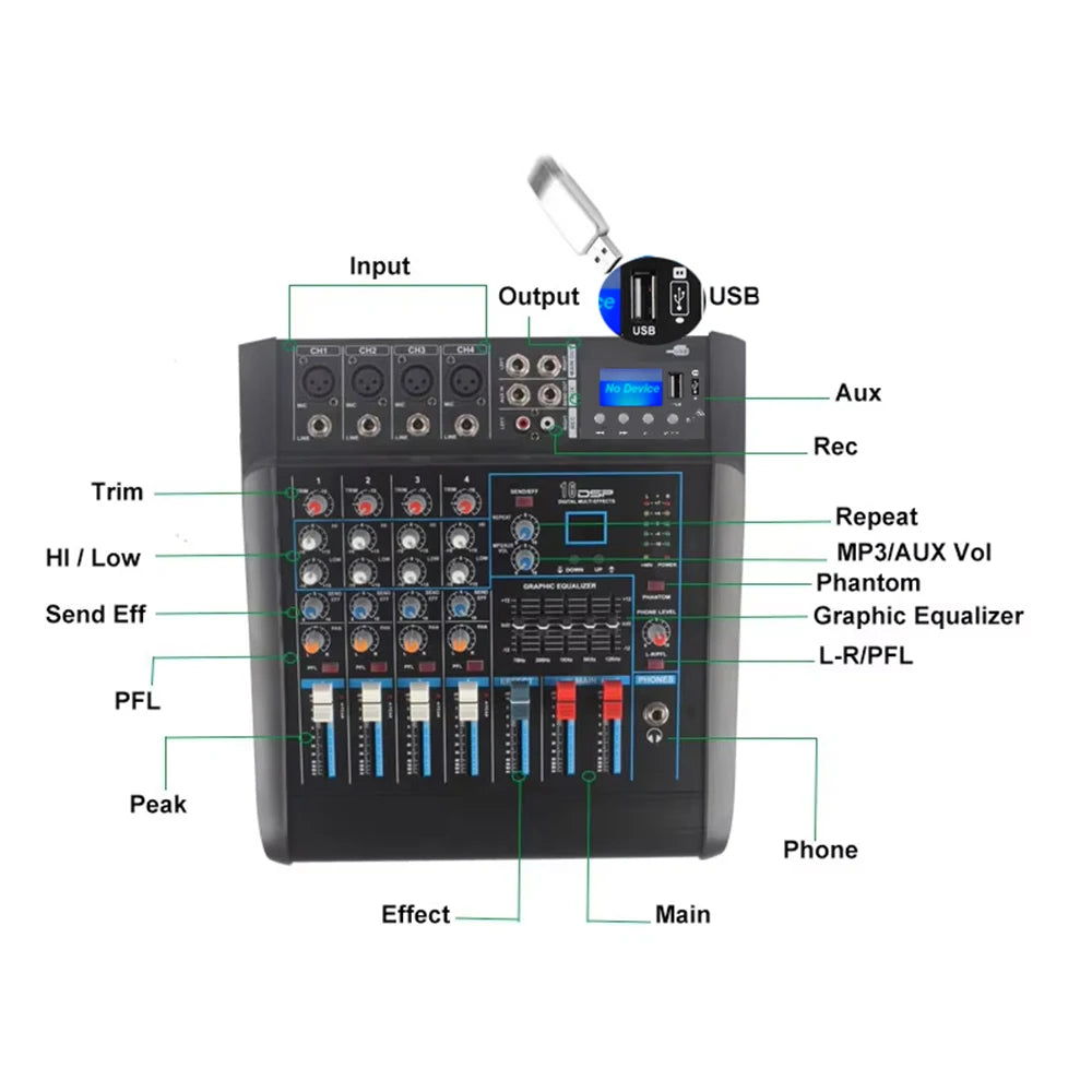 Professional Stage Party Use 4-Channel USB Audio Mixer with 250W*2 Power Amplifier and 2 UHF Wireless Microphones
