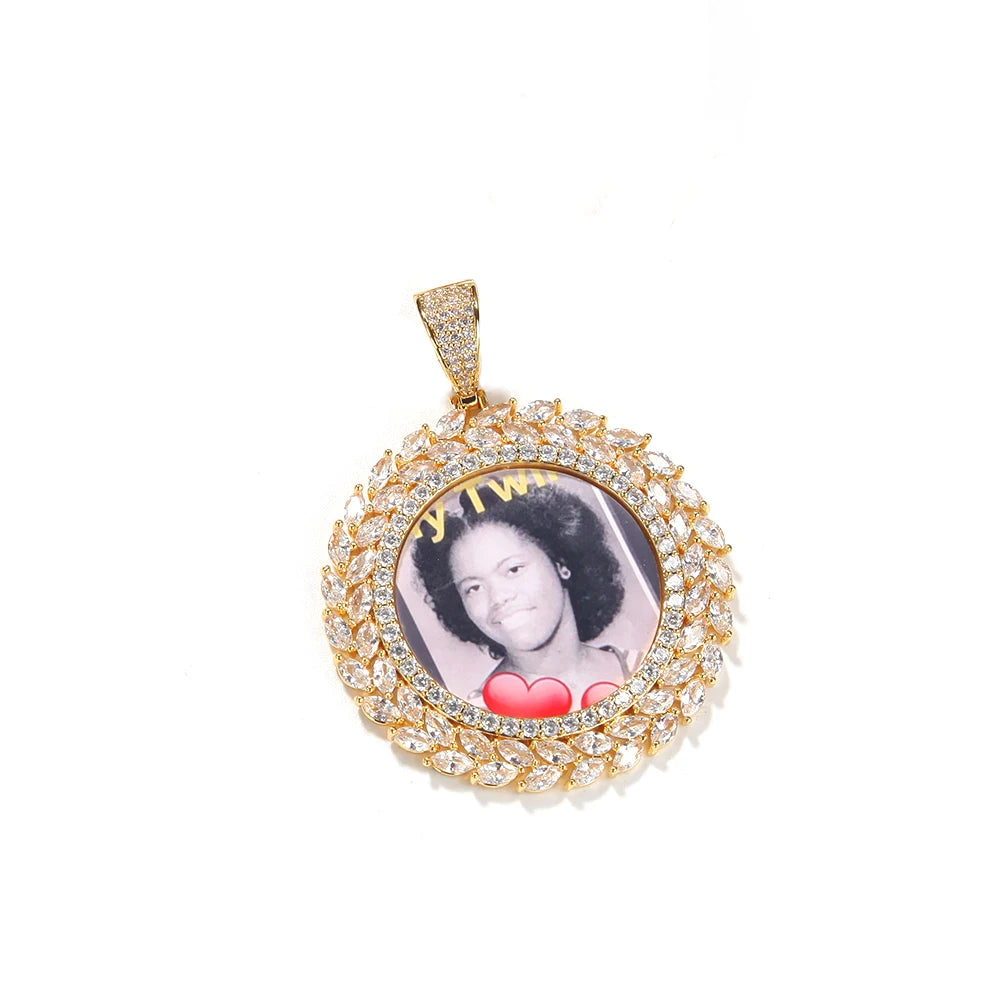 Bling CZ Custom Circle Sublimation Photo Pendant Hip Hop Picture Pendant Necklace With Tennis Chain Rope Chain