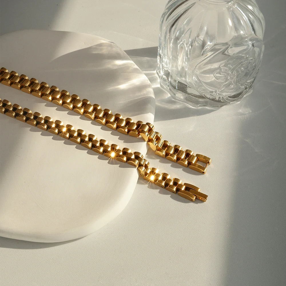 Fashion Waterproof Chunky Jewelry 18K Gold Plated Stainless Steel Wristwatch Chain 10mm Wide Watch Band Bracelet YF3137-1