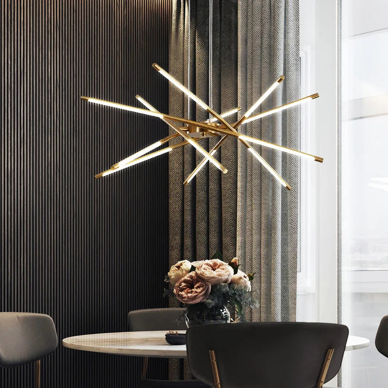 Nordic Simple Modern Sputnik Pendant Lights Dimmable Linear LED Chandelier for Restaurant Living Room E26 Base Long Shape