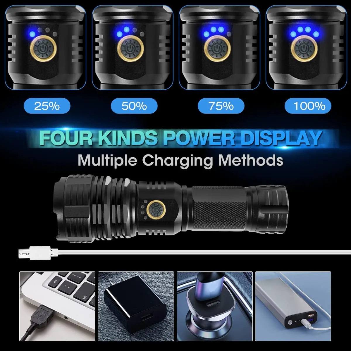 XHP70 Led Flashlight 5 Modes Flashlight Zoomable IPX5 Waterproof USB Charging Torch Light 90000 Lumen for Outdoor Camping