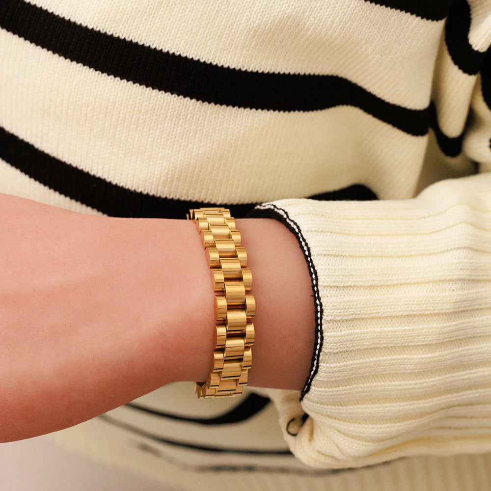Fashion Waterproof Chunky Jewelry 18K Gold Plated Stainless Steel Wristwatch Chain 10mm Wide Watch Band Bracelet YF3137-1