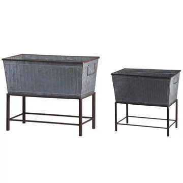Set of 2 Zale Rustic Metal Planters with Stands, L:20x12x19.5" S:16.5x9.5x14.5"