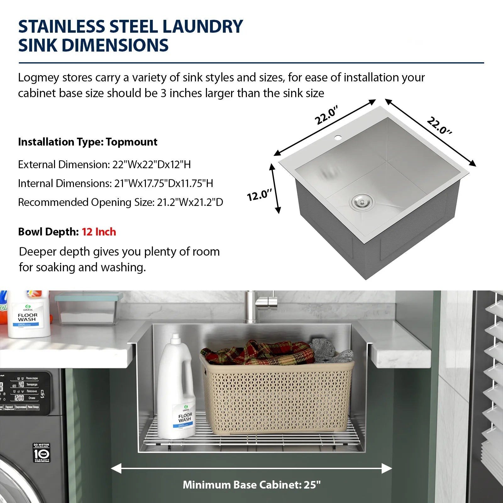 Sarlai 12" Deep Laundry Room Stainless Sink 12" Deep Top Counter Laundry Room Stainless Sink Single Bowl Laundry Utility Sink