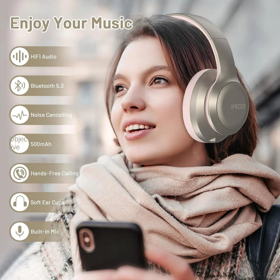 ESON HiFi Stereo  Headset Pink On-Ear Over-Ear ANC Soft Gaming Wireless Noise Cancelling Headphones Microphone Foldable