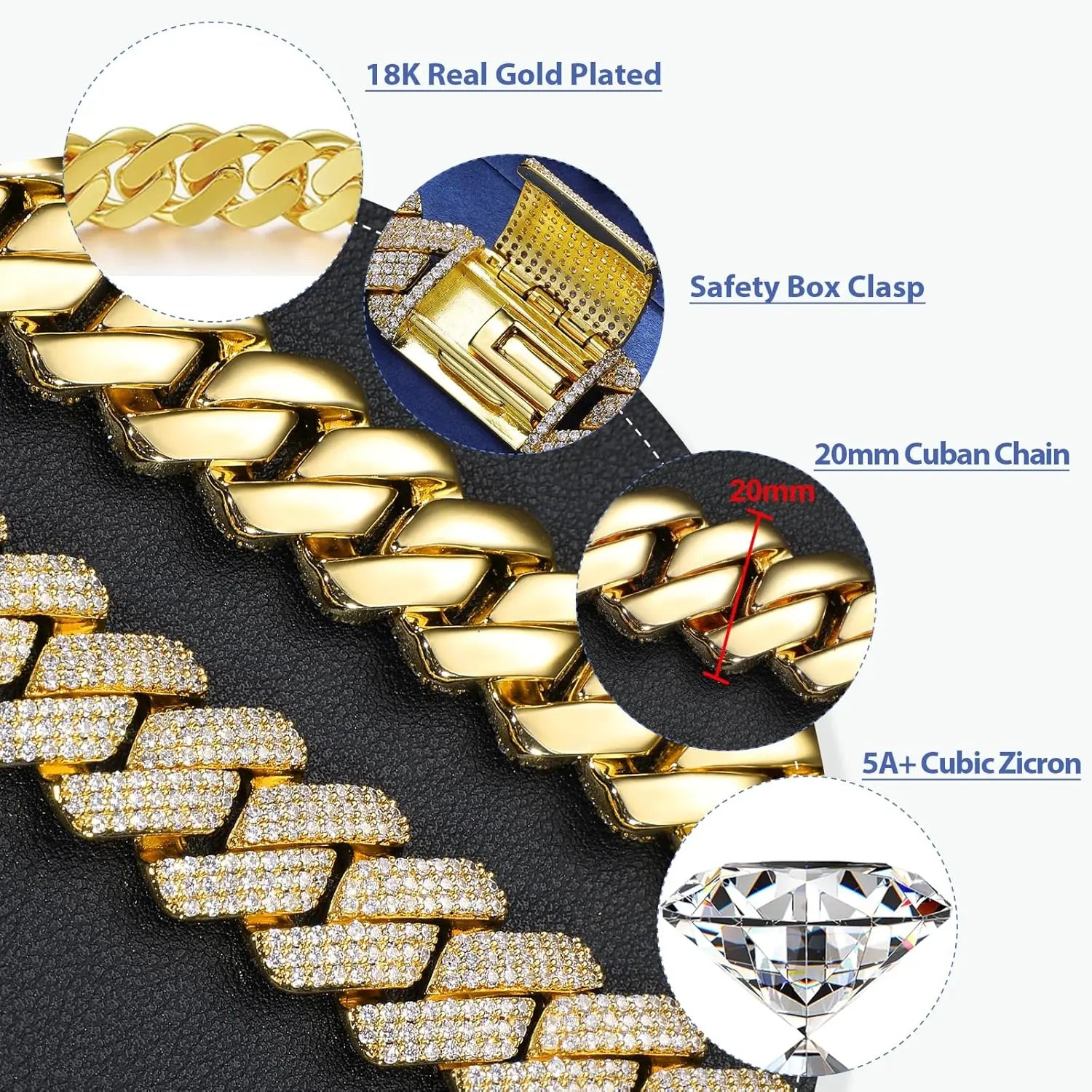 Fashion Mens Hip Hop Jewelry Gift Wholesale 20mm Gold Plated Brass 3 Rows AAAAA CZ Diamond Iced Out Cuban Link Chain Necklace