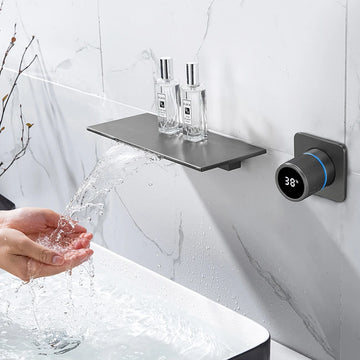 Wall-mounted Single Handle Brass Ceramic Modern Design Waterfall Spout Hot/Cold Digital Display Water Sink Basin Faucet