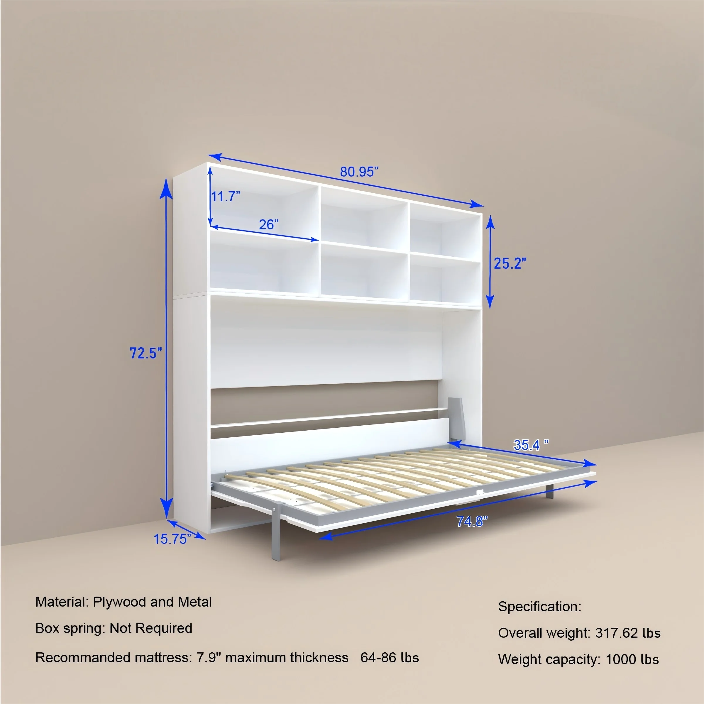 US Stock High Quality Modern Storage Twin Size Space Saving Hidden Wall Murphy Bed Wood Plywood Panel Style