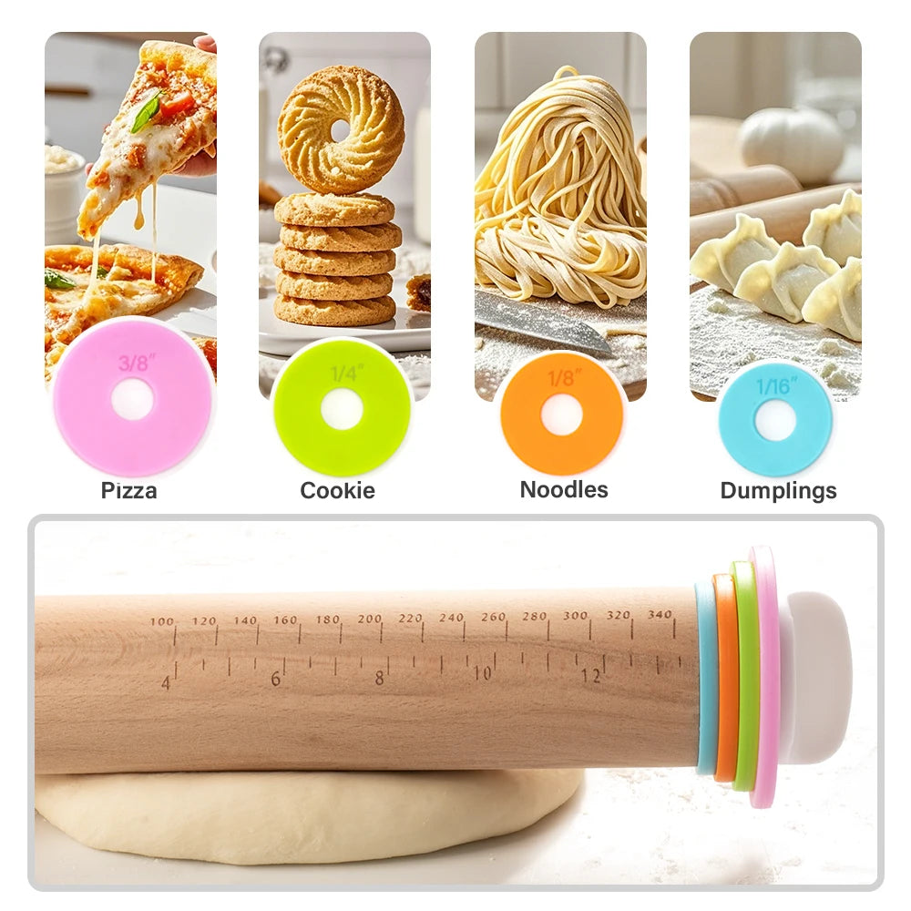 14/17 Inch Adjustable Wooden Rolling Pin with 4 Thickness Rings Dough Roller Pins for Cookie Pastry Tools Cake Kitchen Gadgets