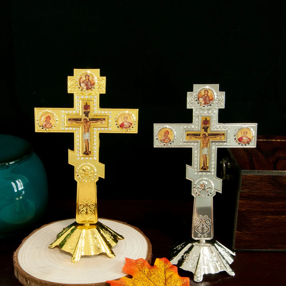 Orthodox Church Blessing Cross With Stand for Church Decoration Gold Planting Jesus Crucifix Image Religion Gift Altar Cross